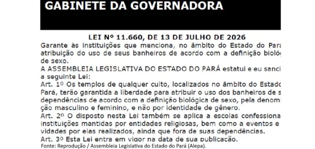 Nova lei no Pará autoriza templos e escolas a restringirem o uso de banheiros.