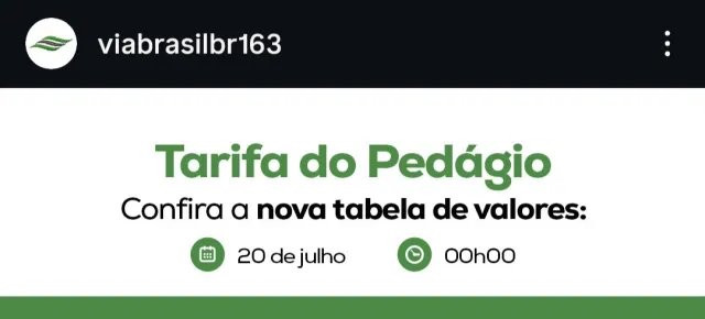 BR 163 - Nova Tabela de Tarifa do Pedágio