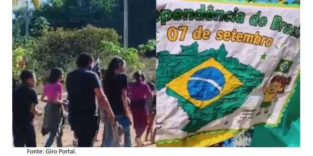 Sem banda marcial, professoras improvisam instrumentos para desfile de 7 de Setembro em comunidade rural de Itaituba.